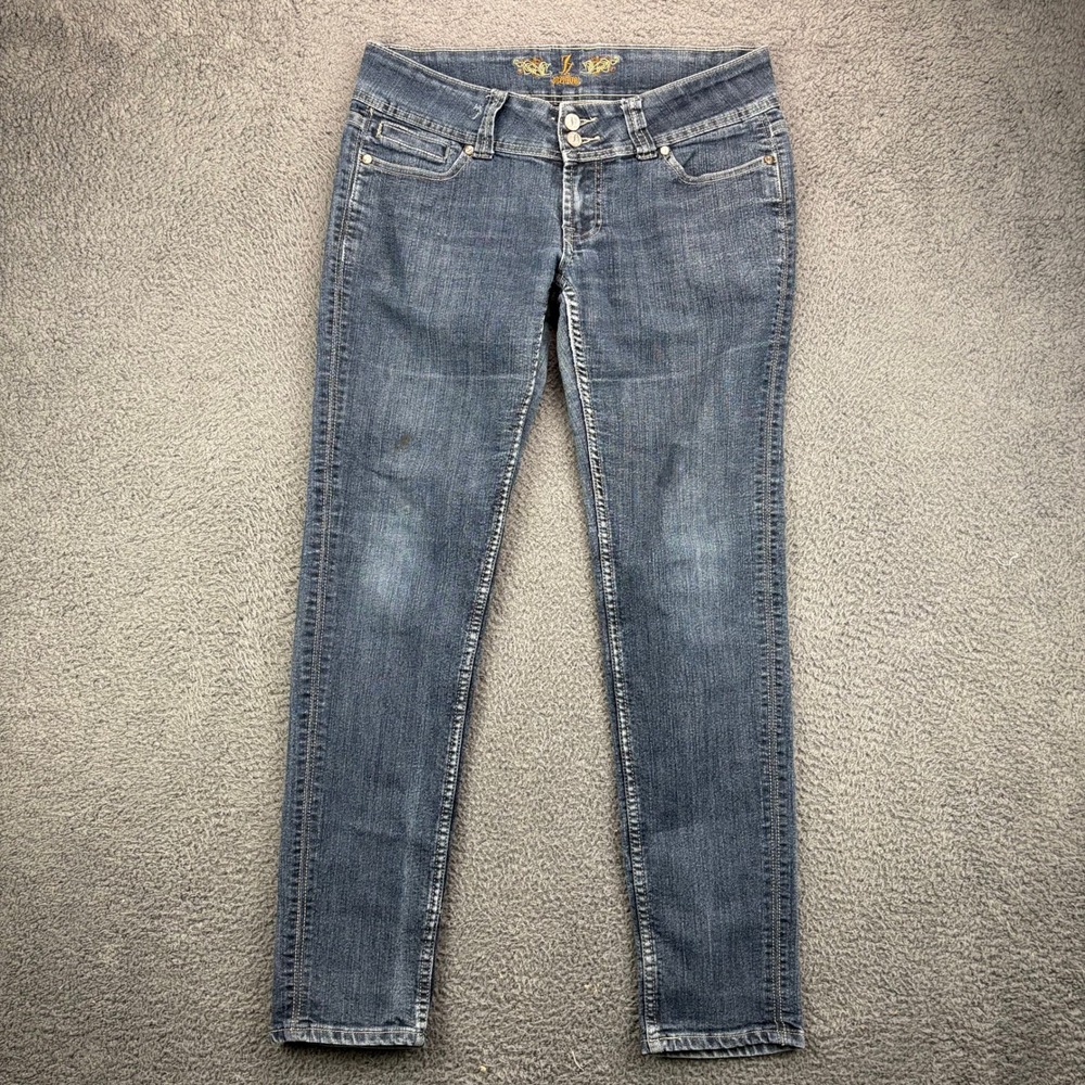 JZ Premium Womens Low Rise‎ Slim Fit Jeans Dark Wash Fleur De Lis Rhinestone Y2K
